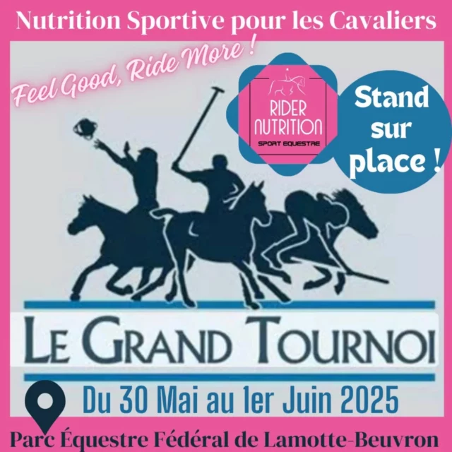 Nous sommes contents d'etre présents avec notre stand rose @ridernutrition pour la première fois au Grand Tournoi FFE 2025  Pony-Games du 30 mai au 1er Juin. 🎊🏇

Pony-Games, Horse-Ball, Paddock-Polo et Tir à l'Arc à cheval. 🙌

Nous présenterons notre gamme de Nutrition Sportive pour les cavaliers avec des "Team" packs à la disposition à partager entre équipe. 🥤🏇🥤🏇

Conseils et dégustations gratuits sur place. 🩷

Venez nous voir!✨️

#hydratation  #energydrinks #electrolytesupplement #nutritionsportive #antistress #bienetrecavalier #ridernutrition
