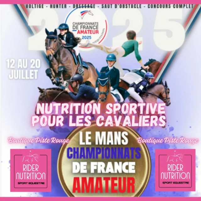 Boutique @ridernutrition ouverte pour les Championnats de France Amateur 2025 ✨️🏆🇨🇵
Piste Rouge du 12 au 20 juillet sans interruption !

Préparez-vous bien pour ces championnats avec une Nutrition Sportive pour les cavaliers .... soyez en top forme pour votre cheval ! 

✨️Offre spéciale: Conseils disponibles et gratuits dès aujourd'hui jusqu'à la fin des Championnats 2025.✨️🤓

Contactez-nous ici ou visitez notre site web et boutique en ligne ✅️

Plus d'informations sur nos animations à suivre !
 🤸‍♀️✨️

#nutritionsportive #antistress
#energie  #teampink #hydratation #electrolytes 
#anti-crampes #recuperation #bienetrecavalier