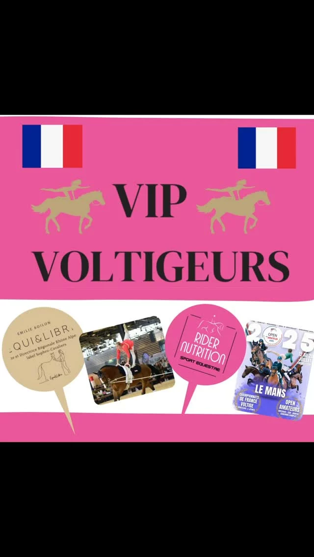 Pour la première année ... 🎊🇲🇫 @pole_europeen_du_cheval - nos animations VIP @ridernutrition pour vous les voltigeurs pendant les championnats Open Amateurs du 12 au 15 juillet 2025 avec notre partenaire @equietlibre63 🇲🇫🎊 ... Prenez soin de vous voltigeurs !

🎪 Espace VIP voltigeurs @ridernutrition en face de l'accueil - Grand Hall du 12 au 15 juillet inclus 9h30 à 17h30. 

🥤🙌 Pot d'accueil - dégustation et présentation samedi 12 juillet à partir de 11h30. Vous êtes bienvenus !

🎁 Tirage au sort à la fin de la présentation avec plein de prix à gagner pour les inscrits.

👥️ Partenaire @equietlibre63 sur place. Voltigeurs, profitez de son code de réduction BON145 pour vos achats @ridernutrition 

🏩 Boutique @ridernutrition ouverte sur la piste rouge et en ligne www.ridernutrition.net 

Venez nous voir et bon championnat à tous! 😎🏆

#bienetrecavalier #ridernutrition #ridernutritionsport #riderperformance #antistress #energy #recuperation #nutritionsportive