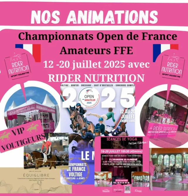 De nombreuses animations @ridernutrition sont proposées lors des championnats Open de France Amateurs du 12 au 20 juillet 2025. 🇲🇫🎊

✨️🇲🇫 Retrouvez-nous sur notre stand éphémère 'Pop-Up' face à l'accueil du Grand Hall et à notre boutique Piste Rouge de 9h à 17h30.

🎊🇲🇫 Accueil et animations pour nos voltigeurs du 12 au 15 juillet avec notre partenaire et Ambassadrice Emilie Boilon  @equietlibre63 

✨️💯 Yoga pour tous @le_plongeoir_du_pole à l'orangerie du 16 au 20 juillet, tous les matins à 10h30 (séances de 45mins) avec Anita TRETON (fondatrice et gérante @ridernutrition)

Continuer à nous suivre ici pour plus d'informations.🙌

#ridernutrition #ridernutritionsport #bienetrecavalier #yoga #nutritionsportive