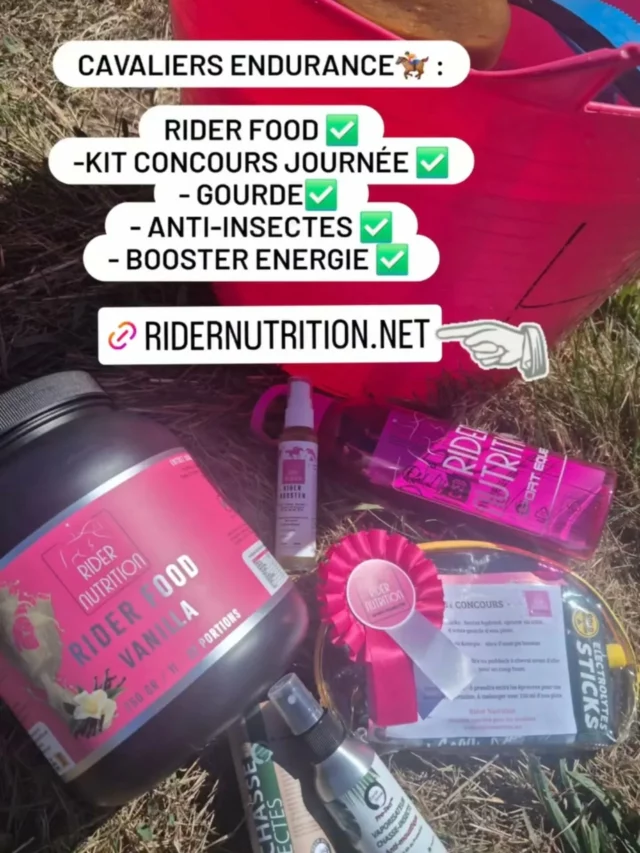Nos produits @ridernutrition idéals pour les concours Endurance 🏇🏇🏇

✅️ Rider Food : La boisson-repas pour les cavaliers qui recherchent un moyen sain et efficace de se nourrir.

✅️ Rider Booster: Le spray sublingual est un complément alimentaire adapté au cavalier sublissant une fatigue passagère. 

✅️ Kit concours : Comprenant - un shot d'énergie naturelle - x2 sticks électrolytes pour une bonne hydratation - Energy Drink pour des glucides nécessaire dans la durée - Recovery Shake pour une bonne récupération et éviter des crampes.

✅️ Chasse Insectes : En format baume et spray, jusqu'à 8hrs de protection pour le cavalier contre les tiques,  moustiques et moucherons.

✅️ Gourde : 650ml pour la bonne préparation de votre Rider Food, Électrolytes et Shake de récupération. 

Visitez notre siteweb - boutique ou contactez nous par message pour vos commandes ou pour plus d'informations. 📦🙌🩷

#Endurance #électrolytes #récupération #nutritionsportive #énergie