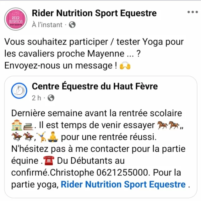 Les séances de Yoga adaptées pour les cavaliers, chaque mercredi après-midi - proche Mayenne @centre_equestre_du_haut_fevre - Venir essayer !
Envoyez-nous un message !🙌💯