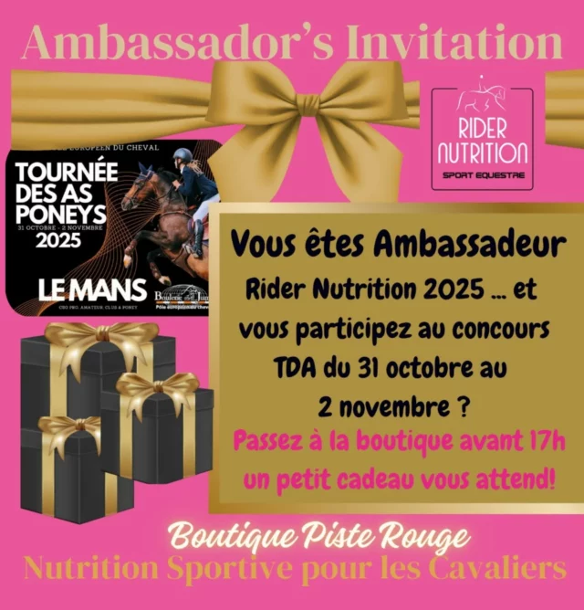 Bientôt le concours TDA et des petits cadeaux attendent nos Ambassadeurs participants sur place!🎁🎀👑 @pole_europeen_du_cheval

Si vous étes cavaliers Ambassadeurs @ridernutrition et engagés pour des épreuves pendant le TDA du 31 octobre au 2 novembre 2025, n'oubliez pas de passer à la boutique "piste rouge" à partir de 9h30 et avant 17h. 🙌👑

La plaisir de se retrouver sur place ! À trés bientôt et bonnes préparations. 💗

Important: les cadeaux sont reservés aux Ambassadeurs, ils ne sont pas disponibles aux membres de Team Pink @ridernutrition ... désolée. 😉 

#ridernutrition
#nutritionsportive #nutritionsportivepourlescavaliers 
#riderwellbeing 
#bienetrecavalier