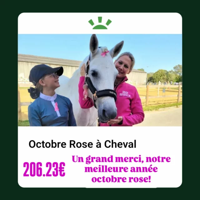 Les dons pour Octobre Rose 2025 sont désormais clos. Total: 206.23€ 🎀🙌💫 🏇 Donation Ligue contre le cancer. 

Un grand merci pour vos dons!  Notre meilleure année! ⬆️ 🎀🏇🎀🏇🎀
Nous avons reçu de nombreux dons généreux de votre part, notamment gràce à plusieurs animations. 🫶

Suivez-nous pour les resutats loto sur instagram Octobre Rose à Cheval, tirage bientôt !🙌💫🎁

Un grand merci à nos organisateurs et à tous ceux qui ont participé à ces événements en concours, aux centres équestres et aux écuries. 🎀🏇🎀

@centre_equestre_du_haut_fevre
@mercuria.charms
@reprends_les_renes
@leloup_florian

#octobreroseacheval  #ridernutrition