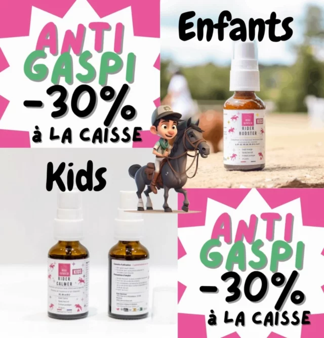 Code offre: KIDS123 🌟 jusqu'au 31 janvier 2026.

Une excellente idée cadeau de dernière minute pour Noël ou pour bien commencer l'année 2026. Utilisez code : KIDS123 ✨️🎄et bénéficiez de cette offre en ligne ou en boutique. 📦 www.ridernutrition.net/boutique/ (link in bio)

Profitez d'une réduction de -30% sur nos Sprays Sublinguaux apaisants, Rider Calmer Kids et stimulants, Rider Booster Kids idéals pour les jeunes cavaliers stressés ou anxieux. 🏇

Composés d'ingrédients naturels. 🌱
Conviens aux enfants de 3 à 11 ans.🙌
Anti-gaspi (DLC: fin février 2026)