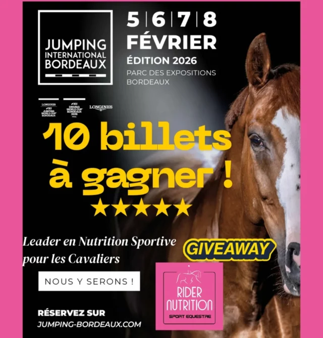 Giveaway loto ! ✨️ 10 billets à gagner pour @jumpingbordeaux 2026 🎟

Pour fêter le lancement @teampinkridernutrition
nous offrons à nos membres la possibilité de gagner des billets. ✨️

👉 Giveaway Loto du 16 au 26 janvier inclus, les gagnants du loto seront annoncés le 27 janvier 2026.
 
Pour participer:

1️⃣ Suivez-nous et 'liker' @teampinkridernutrition et @ridernutrition 
2️⃣ Identifiez un(e) ami(e) en commentaire ci-dessous.
3️⃣ Assurez-vous d'être membre Team Pink (lien en bio).
4️⃣ Bonus si vous partagez cette publication en story et Identifiez-nous.

Bonne chance ! 🙌

⚠️❗️Conditions générales du Giveaway Loto : Aucun achat n'est requis. Les gagnants seront obligés de nous communiquer leurs coordonnées pour l'envoi des billets. Les participants doivent avoir suivi les étapes 1, 2 et 3 pour étre éligibles.  Réservé aux résidents en France et aux personnes de 18ans et plus. Veuillez ignorer tout abonnement ou message provenant d'autres comptes se faisant passer pour Rider Nutrition, nos comptes officiels sont : @ridernutrition et @teampinkridernutrition 

#ridernutritionchallenge #ridernutrition #teampinkridernutrition #jumpinginternationalbordeaux