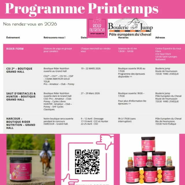 Notre programme d'événements pour le printemps 2026. 🌷
Journées d'ouverture boutique Grand Hall (en fonction du nombre d'engages aux épreuves) @pole_europeen_du_cheval

Our spring program of events 2026 🌷
Boutique opening days in the 'Grand Hall' @pole_europeen_du_cheval (depending upon show entry numbers). 

#ridernutritionprogram #nutritionsportivepourlescavaliers #sportsnutritionforriders