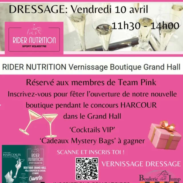 Vous êtes membres @teampinkridernutrition ? 
Si oui, vous êtes nos VIP @ridernutrition et invités au vernissage de notre nouvelle boutique au 'Grand Hall' @pole_europeen_du_cheval pendant le concours d'Harcour. 🥂🩷 Scannez le QR code et inscrivez-vous (inscriptions obligatoires).

Nous avons mis en place un choix de 3 dates pour vous recevoir - Dressage - Hunter & CCE - CSO. 🗓

Are you a member @teampinkridernutrition?
If yes, you are our VIP @ridernutrition and invited to celebrate the opening of our new boutique in the Grand Hall @pole_europeen_du_cheval
during the Harcour show. 🥂🩷 Scan the QR Code to confirm that you will be attending (registration required).🗓

#nutritionsportive #ridernutritionanimations #nutritionsportivepourlescavaliers #leadersinsportsnutrition