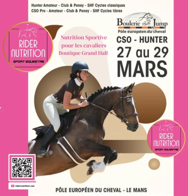 Prochaine date de concours @pole_europeen_du_cheval 
Boutique @ridernutrition située dans le Grand Hall.
Horaires d'ouverture sans interruption :
✨️Vendredi 27/3 de 13h30 à 17h30 
✨️Samedi 28/3 de 9h30 à 17h30 
✨️Dimanche 29/3 de 9h30 à 17h30 

Next show date @pole_europeen_du_cheval 
Boutique @ridernutrition located in the Grand Hall.
Opening times non- stop:
✨️Friday 27/3 from 1pm to 5.30pm
✨️Saturday 28/3 from 9.30am to 5.30pm
✨️Sunday 29/3 from 9.30 am to 5.30pm