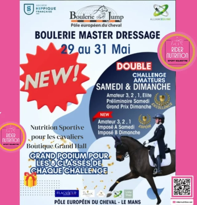 Prochaine date d'ouverture @ridernutrition boutique Grand Hall  @pole_europeen_du_cheval 
Samedi 30 mai 9h30 à 17h30 
Dimanche 31 mai (selon engagés) 9h30 à 17h30 
Entre-temps contactez-nous directement pour vos commandes ou conseils. 📦🩷

Next opening date  @ridernutrition for our boutique Grand Hall @pole_europeen_du_cheval 
Saturday 30th May 9.30am à 5.30pm 
Sunday 31st May (depending on participants)
In the meantime contact us directly for your orders  or any help. 📦🩷

#nutritionforequestrians #nutritionsportivepourlescavaliers 
#ridernutrition
#dressage