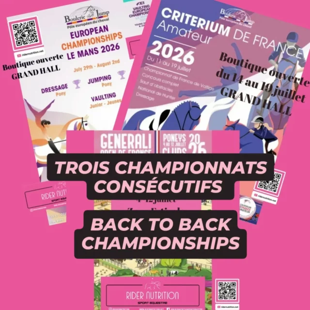 3 Championnats consécutifs @ridernutrition !🥇🏆

🇬🇧 Back to back Championships @ridernutrition

🇨🇵 Championnats Open de France Poney @generali.opendefrance du 4 au 12 juillet Stand 11 Zone Estivale.

🥇Critérium de France @pole_europeen_du_cheval  du 14 au 19 juillet boutique ouverte Grand Hall.

🇪🇺 European Championships Le Mans @pole_europeen_du_cheval du 29 juillet au 2 août boutique ouverte Grand Hall. 

Boutique @ridernutrition situated in the Grand Hall 

#nutritionforequestrians #nutritionsportivepourlescavaliers 
#ridernutrition #championnats