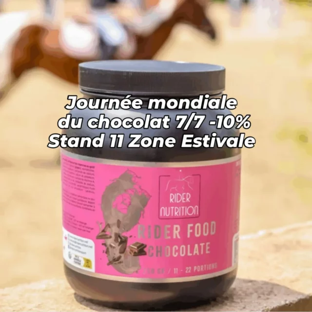 Aujourd'hui 7/7 c'est la journée mondiale du chocolat 🍫  @ridernutrition - Pour la célébrer avec nos cavaliers, profitez -10% Rider Food Chocolat 🎊🌏
Offre seulement disponible au Stand 11 Zone Estivale @generali.opendefrance 
À très vite !

Today's world chocolate day 7/7 🍫 and to celebrate we're offering equestrians 10% off our Rider Food Chocolat @ridernutrition 🎊🌏
Offer available at our Stand only N° 11 Zone Estivale today @generali.opendefrance 
See you there! 

#worldchocolateday
#ridernutrition #sportsnutritionforequestrians
#nutritionpourlescavaliers