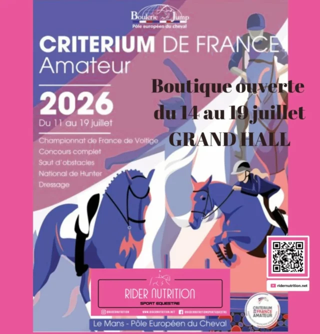 Next date !
Nous enchaînons le Critérium de France @ridernutrition suite @generali.opendefrance Lamotte 🚀

Boutique ouverte au Grand Hall à partir du 13 juillet l'après midi. 🥤🩷 Nutrition Sportive pour les cavaliers. 

#ridernutrition 
#nutritionforequestrians #nutritionsportivepourlescavaliers