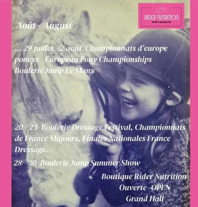 Nos dates d'ouverture pour le mois d'août- boutique @ridernutrition Grand Hall @pole_europeen_du_cheval
Produits également disponibles en ligne www.ridernutrition.net (lien en bio) et à notre Mayenne Boutique sur rdv.🥤🥤🥤

🇬🇧
Our August opening dates @ridernutrition boutique @pole_europeen_du_cheval Grand Hall 
Products also available on line www.ridernutrition.net (link in bio) and at our Mayenne store by appointment. 🥤🥤🥤

#ridernutrition 
#ridernutritionboutique
#sportsnutritionforequestrians 
#nutritionforequestrians