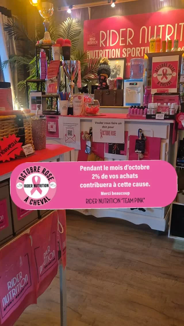Pendant le mois d'octobre 2% de vos achats contribura à cette cause : Octobre Rose à Cheval (La ligue) En boutique et en ligne. 🎀🥤🎀
Merci beaucoup d'avance pour vos contributions. 

During the month of Pink October 2% of your purchases online and in store will be donated to (La ligue - Breast Cancer Awareness) Octobre Rose à Cheval/ Pink Rider October. 🎀🥤🎀
Thanking you in d'avance for your donations.

#ridernutrition #octobreroseacheval #octobrerose #pinkoctober🎀 #sportsnutritionforequestrians