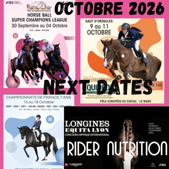 Octobre planning @ridernutrition 🩷🥤

🥤Horseball Super Champions League
 1 - 4/10 Boutique ouverte Grand Hall @pole_europeen_du_cheval

🥤CSO Automne Jump
 9 - 11/10 Boutique ouverte Grand Hall @pole_europeen_du_cheval

🥤Dressage Championnats de France 7ans 
16 - 18/10 Boutique ouverte Grand Hall @pole_europeen_du_cheval

🥤Equitalyon - Stand 
28/10 - 1/11 Village des Start-Ups @polehippolia

#ridernutritionboutique
#ridernutrition #sportsnutritionforequestrians
#nutritionpourcavaliers